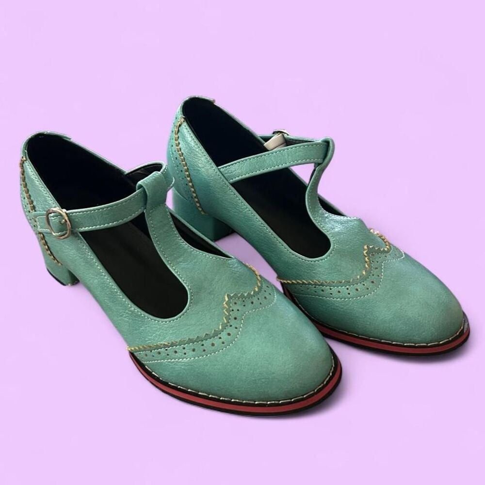 Teal Mary Jane Pointed Toe Brogue Heels Women’s EU 41 US 9